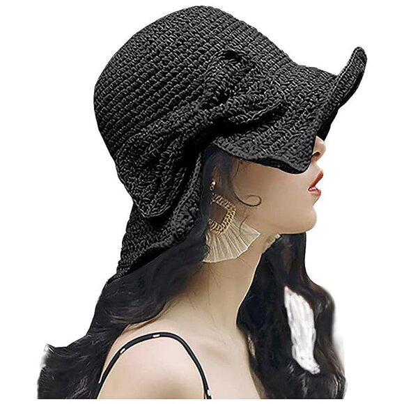 Wide Brim Floppy Straw Beach Sun Hat 2 Pack Khaki & Black - Picture 3 of 9